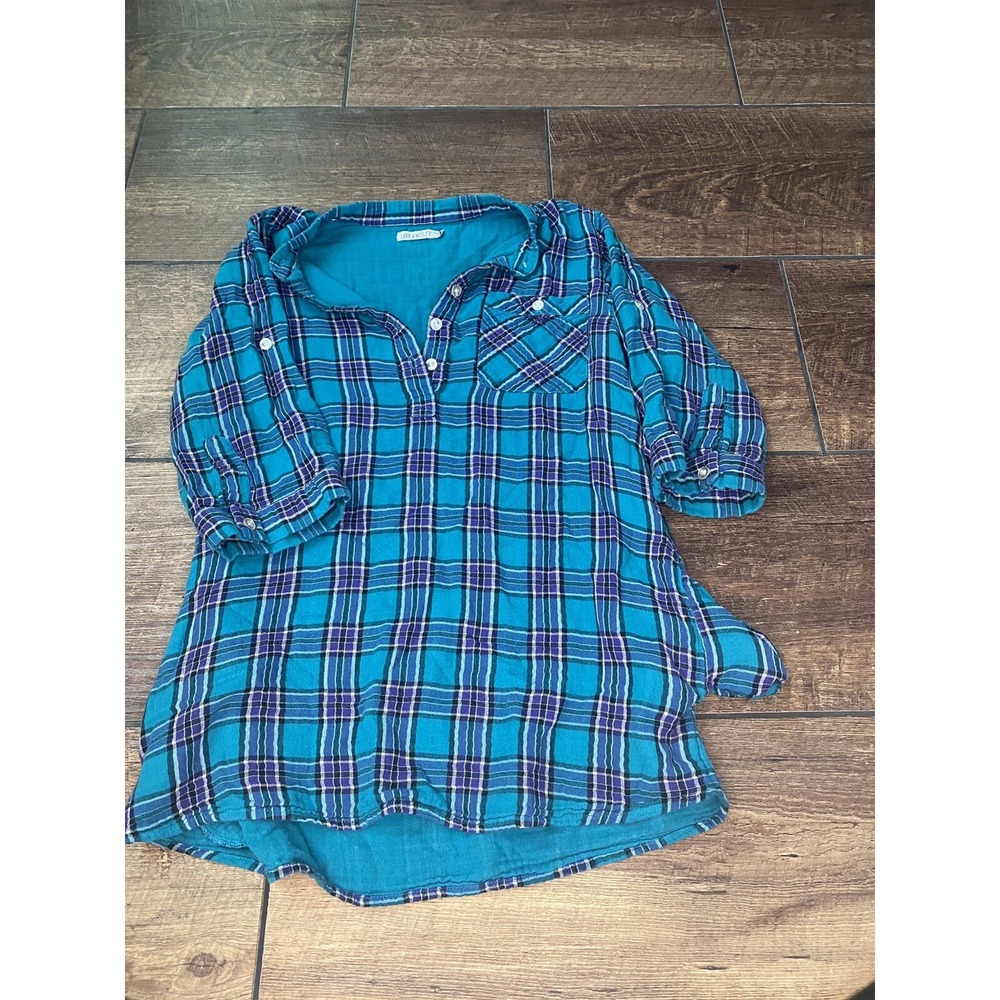 Lark & Wolff Tunic Shirt Womens S Blue Urban Outfitters Roll up 3/4 sleeve Plaid